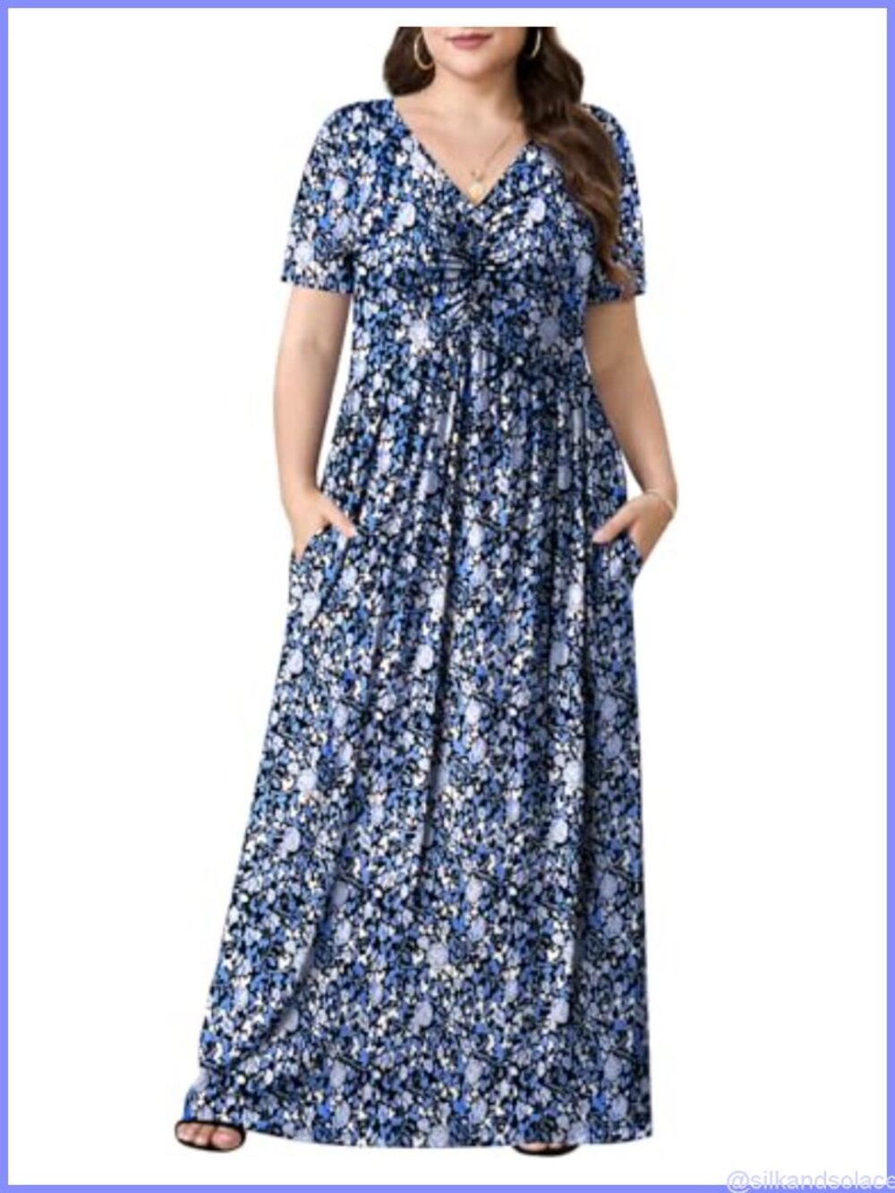 Plus Size Floral Maxi Dress with Pockets, V-Neck Empire Waist, 1X-5X